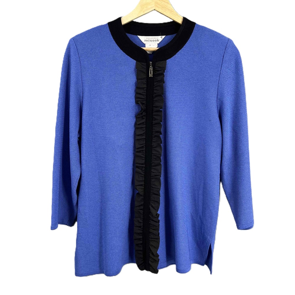Misook‎ Blue Ruffled Zippered Cardigan Textured Knit Womens Small